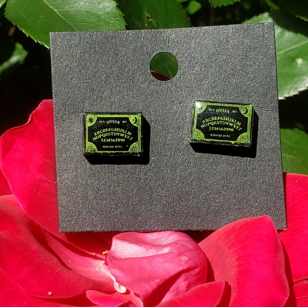 Mini Ouija Board Earrings/ Stainless Steel posts/ Resin Jewelry/ Green